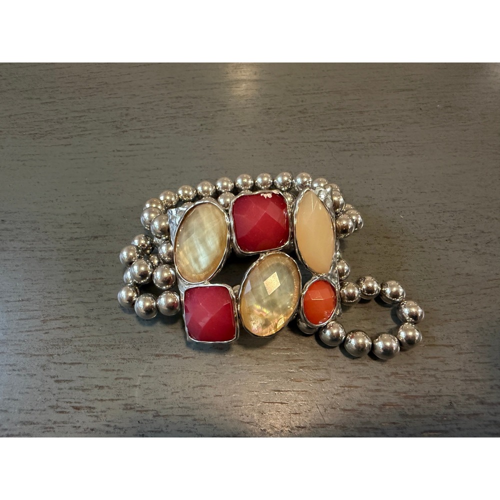 Multi Color Stone Chunky Stretch Bracelet Silver Tone Ball Bead Triple Strand